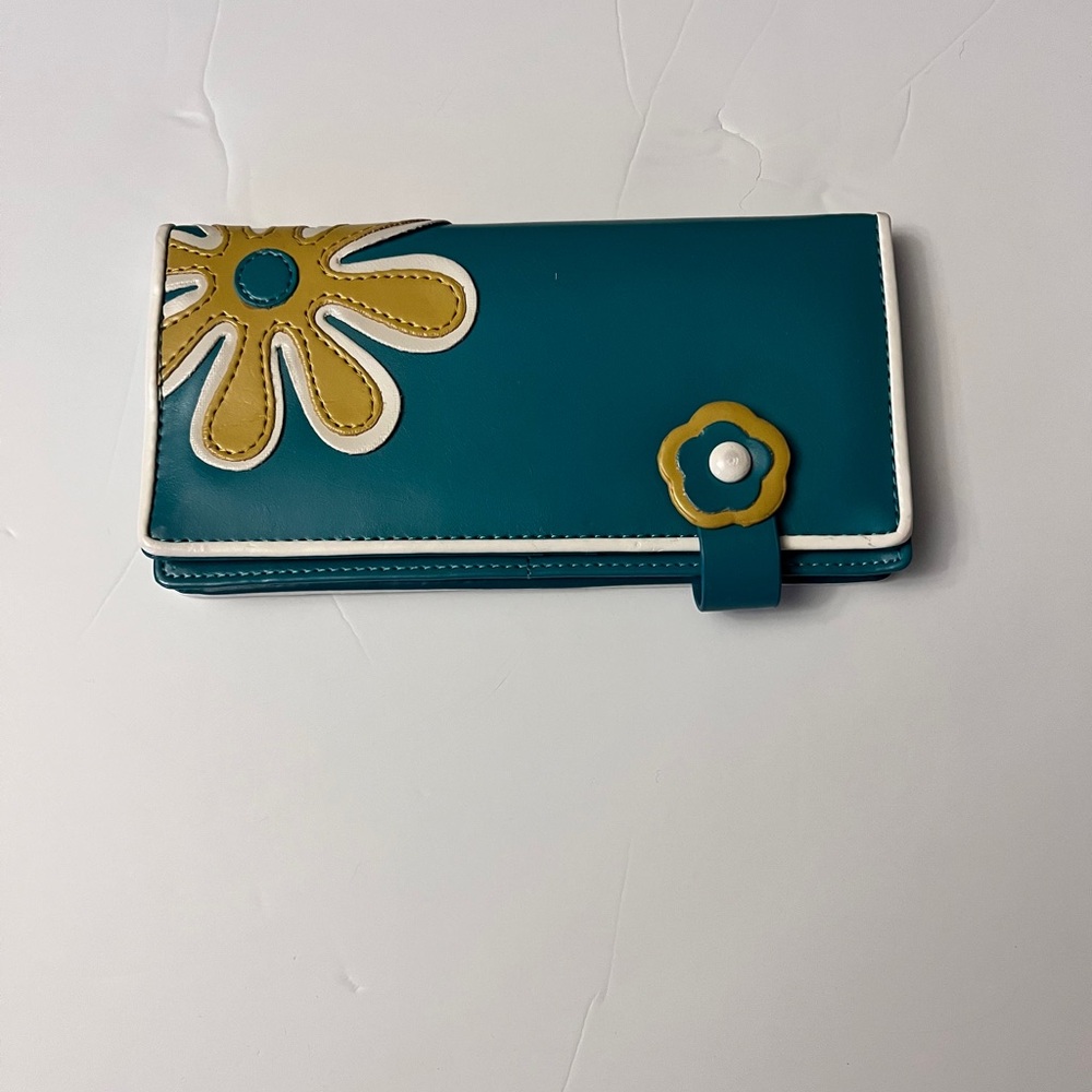 3 for $30 Teal Floral Appliqué Wallet with Mustard Accent - Women Bags